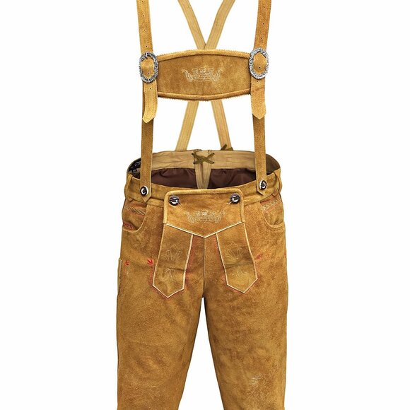 Men Authentic Lederhosen Golden Brown Oktoberfest Costume Leather Short NEW - Picture 2 of 5